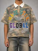 Majestik 'Global' Cut & Sew Stripe Polo Shirt in Wood Camo