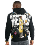 A man shown from the back wearing a black hoodie with a large multicolor graphic print on the back. The print features the word 'GREATNESS' in large white letters, a figure in a yellow jersey holding a basketball, black snakes, and colorful flowers. By Fresh N Fitted.