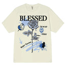 Beige t-shirt with a graphic design featuring a rose and text on a white background. By fresh n fitted.