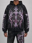 RARE PEACE 'The End' All Over Print Oversized Zip-Up Rhinestone Hoodie in Black