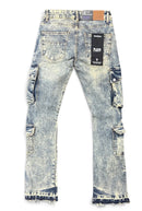 Black Light men's black light pocket Jeter flare fit denim in tint blue, stacked denim style, displayed on a hanger.