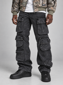 Men's First Row 'Stud' straight fit cargo pants in charcoal denim with multiple pockets and a relaxed fit.