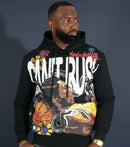 A man wearing a black pullover hoodie with a large colorful graphic print on the front. The hoodie features the words 'CAN'T RUSH' in large white letters, 'Mamba Mentality' in red script, and a detailed multicolor illustration of a snake, skull, and flowers. By Fresh N Fitted.