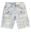 FWRD Patchwork denim shorts in ice blue, casual fit, with patchwork design and frayed hem, displayed on a neutral background.