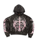 RARE PEACE 'The End' All Over Print Oversized Zip-Up Rhinestone Hoodie in Black