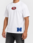 White Pro Standard San Francisco 49ers Wingspan T-shirt with drop shoulder design and team logo on front.