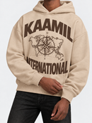 KML INTERNATIONAL boxy pullover hoodie in cream and brown, casual fit with soft fabric, showcasing front view and relaxed style.