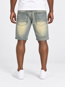 Makobi Prego denim shorts in dirt color, men's casual blue denim shorts with distressed details and rolled hems.