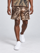 Rebel Minds Weeping Liberty brown board shorts with graphic design and adjustable waistband for casual beach or pool wear.
