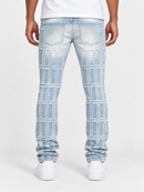 Focus Multilayer Stone Stacked Rhinestone Denim in Ice Blue, stylish blue denim jeans with layered rhinestone embellishments.