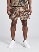 Rebel Minds Weeping Liberty brown board shorts with floral patterns, casual men's shorts perfect for beach or summer wear.