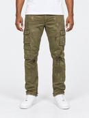 Makobi Berteli cargo pants in olive denim, showing relaxed fit with multiple pockets and sturdy fabric.
