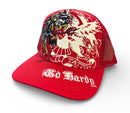 Red cap with tattoo-themed design and 'Go Bardo' branding on a white background