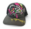 Gray cap with colorful skull design and 'Ed Hardy' branding on a white background