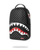 Black backpack with shark mouth design on a white background By Fresh N Fitted