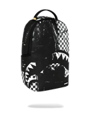 Black and white checkered backpack with shark mouth design on a white background By Fresh N Fitted