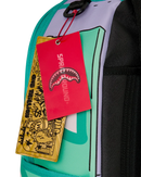Close-up of a colorful backpack with a red Sprayground brand hangtag attached, showing mint green, lavender, black, and tan details on a white background.SPRAYGROUND 'Rugrats Susie Dress To Impress' Backpack&nbsp;

Style Code: 910B9297NSZ