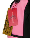 Close-up of a pink and black backpack with a red and yellow Spring Ground hangtag attached, on a white background.