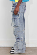 First Row 'Y2K' Multi Cargo Relaxed Fit Denim in Light Stone Tint