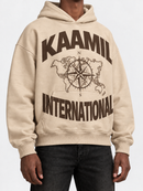 KML International boxy cream and brown hoodie with a relaxed fit, featuring a casual pullover style and comfortable fabric.