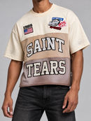 BKYS Mens ‘Saint Tears' Oversized Cropped T-Shirt in Beige
