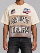 BKYS Mens ‘Saint Tears' Oversized Cropped T-Shirt in Beige