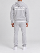 Back view of men's SYIP heavyweight zip-up hoodie in heather grey with matching pants, showcasing casual, comfortable style.