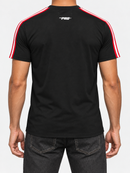 Back view of Pro Standard San Francisco 49ers striped retro classic red T-shirt with team logo and vintage design details.