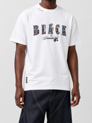 White Black Label Dominate T-shirt with black graphic print, casual crewneck tee for everyday wear