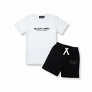 White t-shirt and black shorts set with 'Black Label' branding on a white background