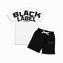 White t-shirt and black shorts set with 'Black Label' branding on a white background