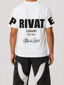 White Black Label 'Private' T-Shirt featuring a classic crew neck and graphic design, displayed on a model in Sacramento.