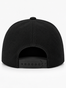 Black MUKA Rare Breed corduroy snapback hat with red accents, rear view showing adjustable strap and brand logo.