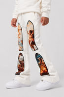 White sweatpants with large classical painting prints on the thighs and lower legs, styled with white sneakers on a light gray background.
