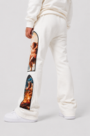White sweatpants with large graphic art prints on the outer legs, shown on a model from the back against a light gray studio background.