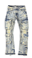 Black Light men's black light pockets Jeter flare fit denim jeans in tint blue, stacked denim style with visible pocket details.