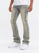 Blue denim stacked pants from KIND RED's Carpenter Rhinestone collection with detailed rhinestone embellishments.
