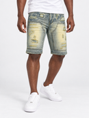 Makobi Prego denim shorts in dirt color, casual fit with distressed detailing, front and back pockets, styled for everyday wear.
