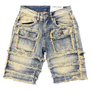 Distressed denim shorts on a white background. by Fresh n Fitted
