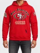 Charcoal Pro Standard San Francisco 49ers Old English hoodie in red with team logo and bold lettering, front view.