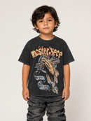 Black Rebel Minds Kids 'Masterpiece' cropped T-shirt featuring a colorful graphic design on the front.