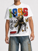 A white short-sleeve graphic t-shirt featuring a distressed 1996 design with a soldier, peace sign, and butterflies, worn by a model with blue jeans.