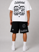 Black Cookies Draft Day sweat shorts featuring the brand logo, made of soft fabric, displayed laid flat.