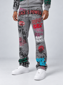RARE PEACE 'Peace Is Power' All Over Print Flared Sweatpants in Grey