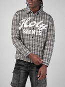 Copper Rivet Holy Saint Fray Applique Long Sleeve Shirt with Stones In Black