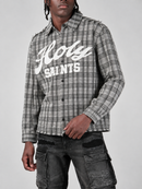 Copper Rivet Holy Saint Fray Applique Long Sleeve Shirt with Stones In Black