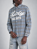 Copper Rivet Holy Saint Fray Applique Long Sleeve Shirt with Stones In Blue