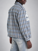 Copper Rivet Holy Saint Fray Applique Long Sleeve Shirt with Stones In Blue