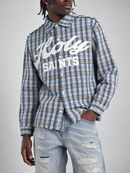 Copper Rivet Holy Saint Fray Applique Long Sleeve Shirt with Stones In Blue