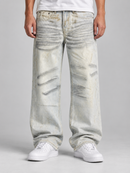 Copper Rivet Men's Premium Vintage Wash Comfort Baggy Fit Denim in Light Tint Blue